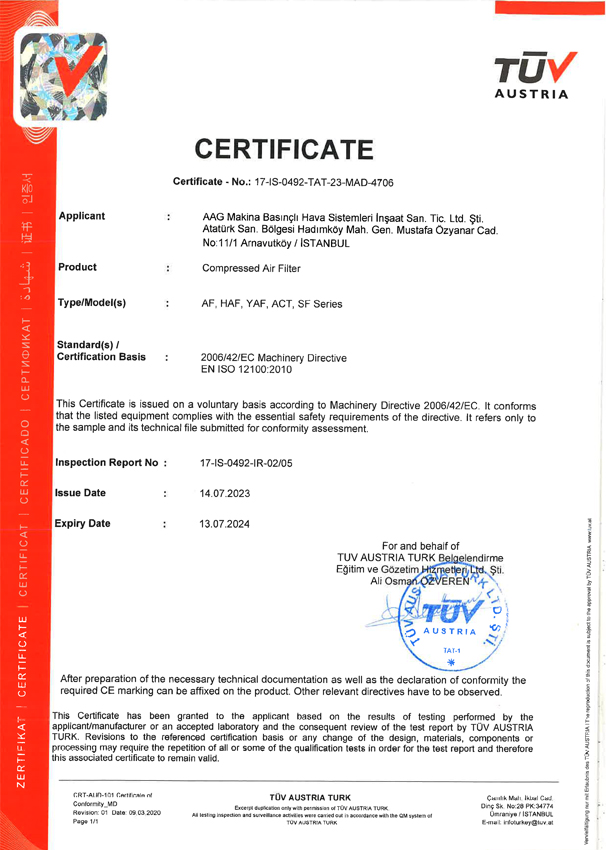 Pressurized Air Filter Conformity Certificate