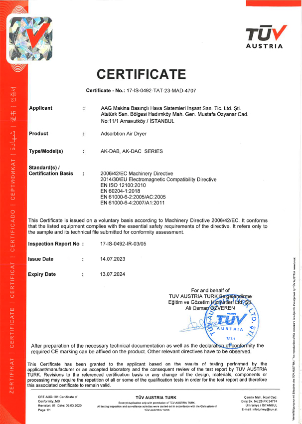 Adsorption Air Dryer Conformity Certificate