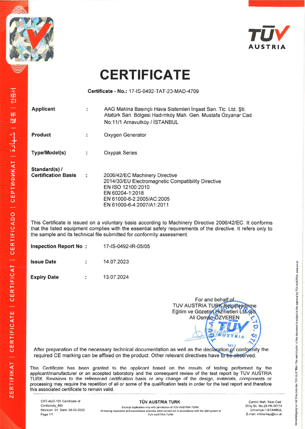 Oxygen Generator Conformity Certificate