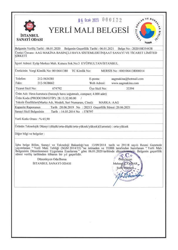 Air Dryer Domestic Good Certificate