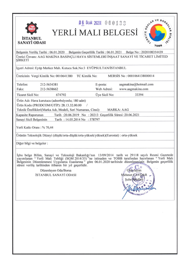Adsorption Dryer Domestic Good Certificate